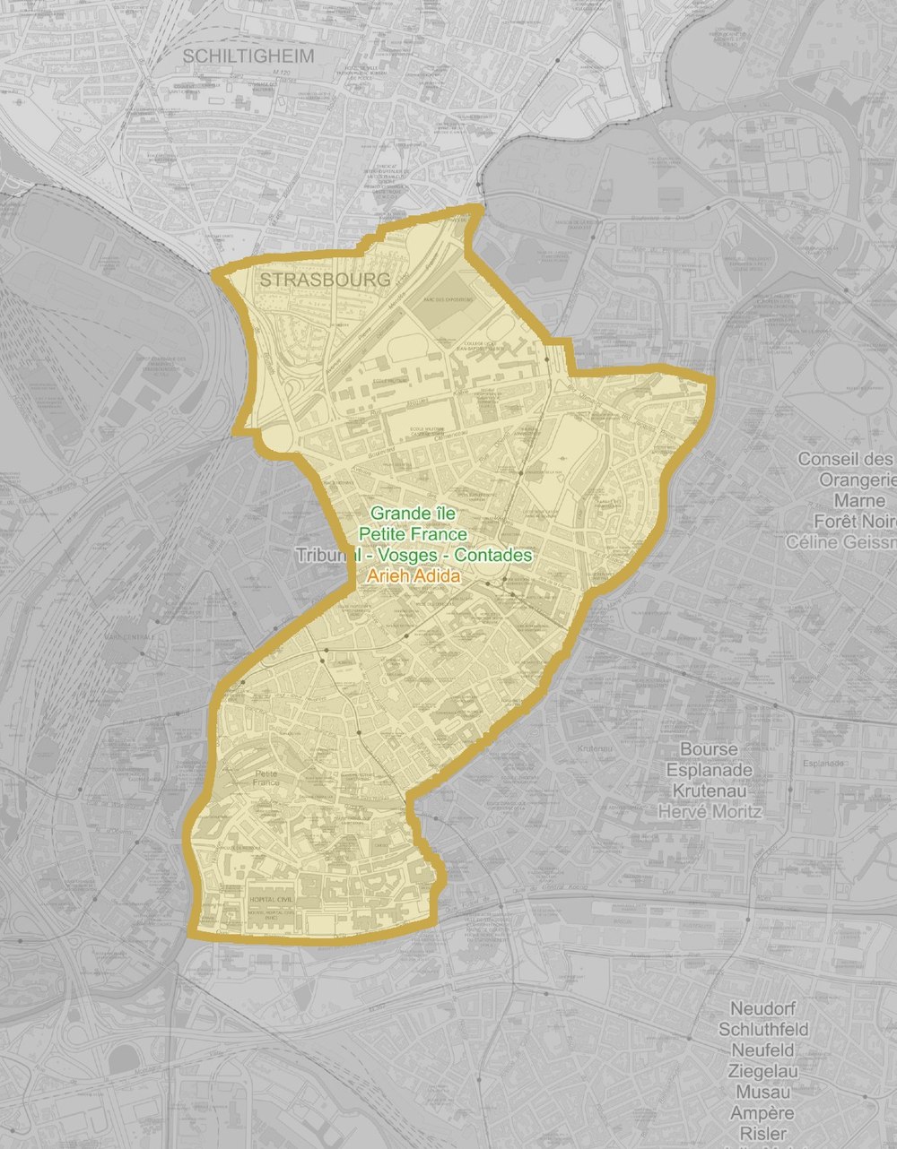 Carte officielle du secteur Cœur de ville — Grande Île, Petite France, Tribunal-Gare, Strasbourg